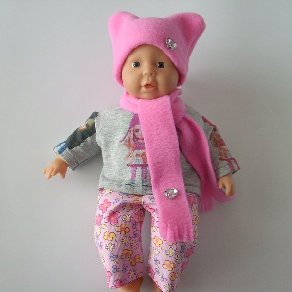 Puppenmütze + Schal , Gr. 25 cm, bonbonrosa