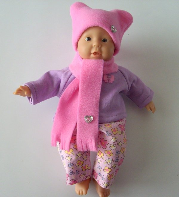 Puppenmütze +-Schal Gr 30-35 cm, bonbonrosa