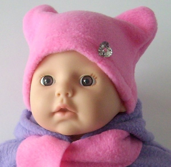 Puppenmütze +  Schal, Gr 28 cm, bonbonrosa